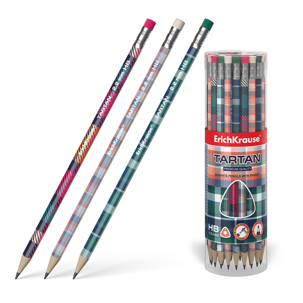 Карандаш чернографитный HB трехгранный деревянный с ластиком "Erich Krause" Tartan 56010