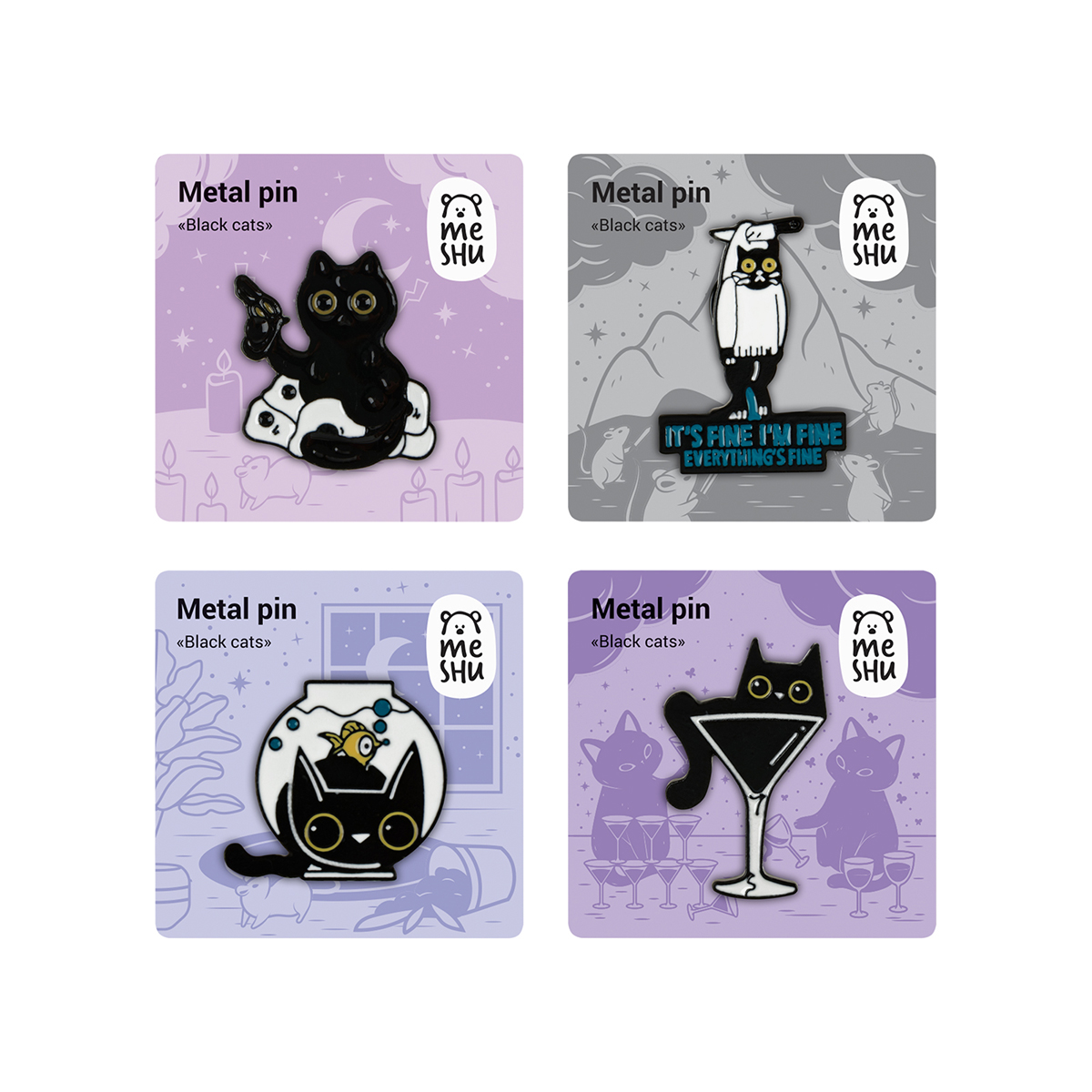 Нбор металлических значков, цвет ассорти Black cats "Meshu" MS_60359