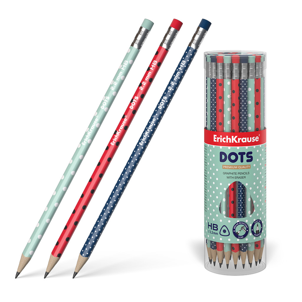 Карандаш чернографитный HB трехгранный деревянный с ластиком "Erich Krause" Dots 56009